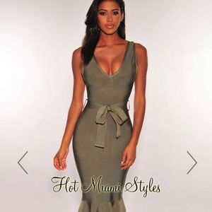 Olive Green Belted Mermaid Gown